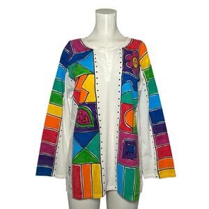 Hand Painted Folk Art Tunic Top by JTD Colorful Abstract Cotton Boho Large